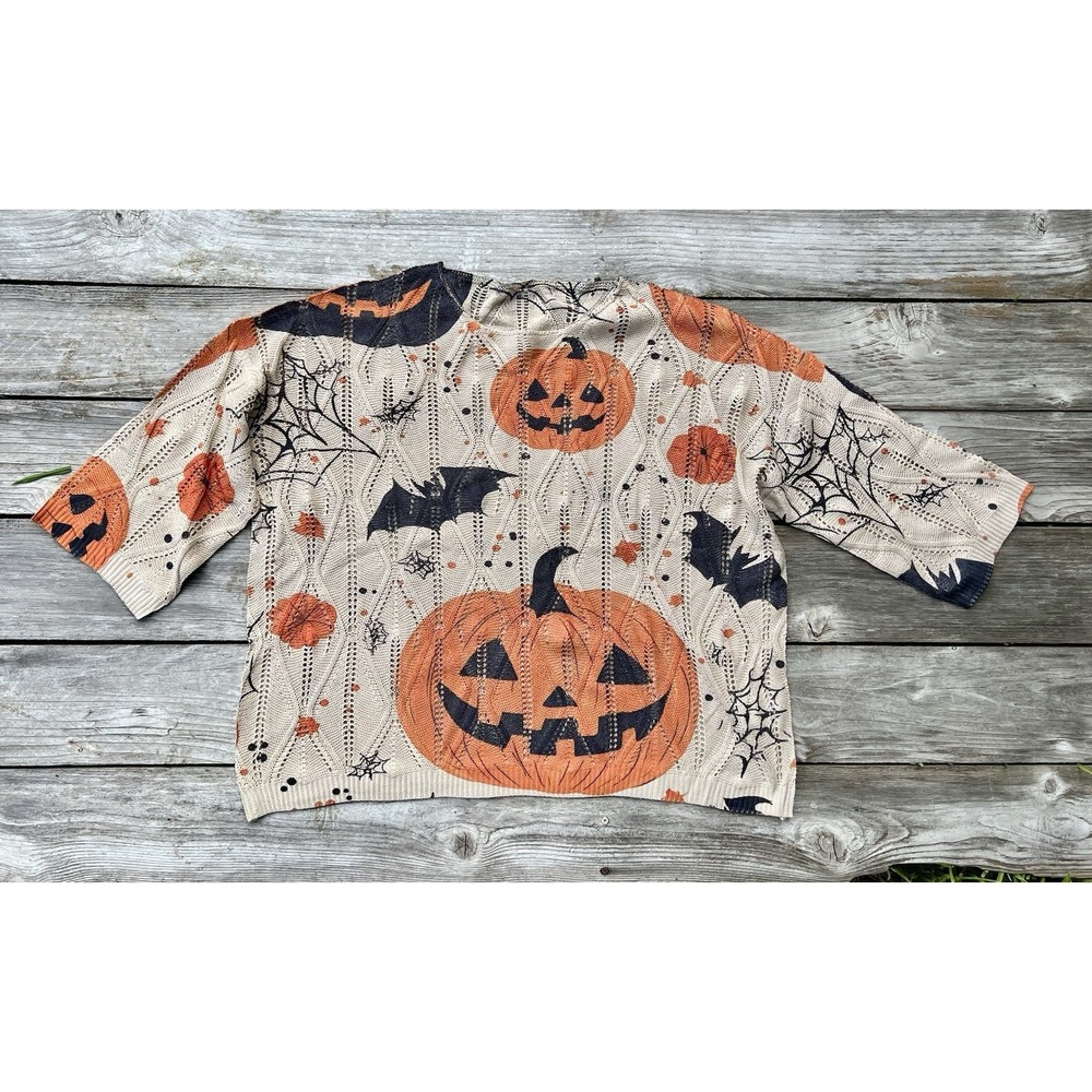 Halloween Pumpkin Bat Hollowed-Out Sweater, Loose Batwing Lazy Style Top New - Picture 6 of 9